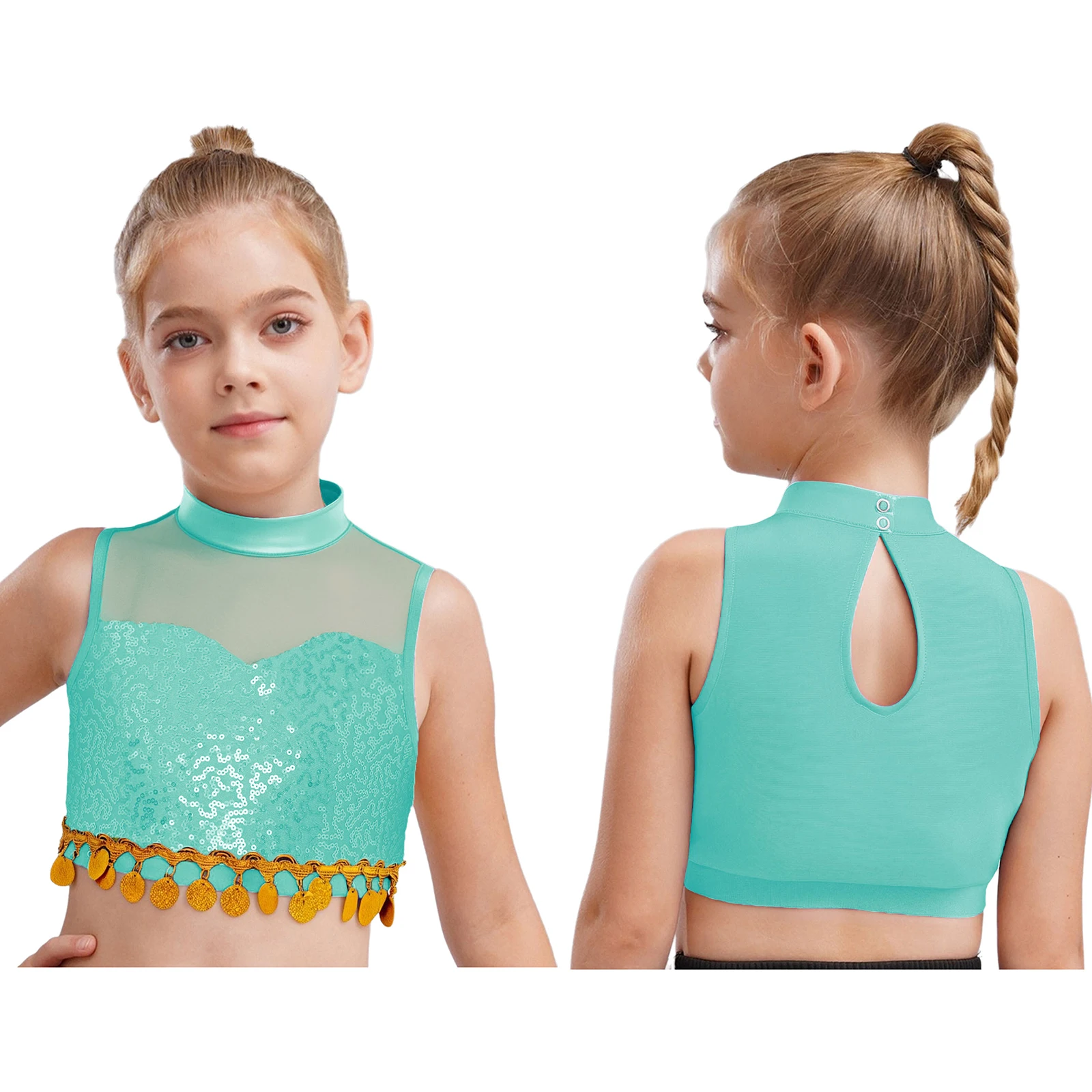 

Girls Mock Neck Sleeveless Keyhole Back Sheer Mesh Patchwork Shiny Sequin Belly Dance Crop Top Jazz Dance Costume
