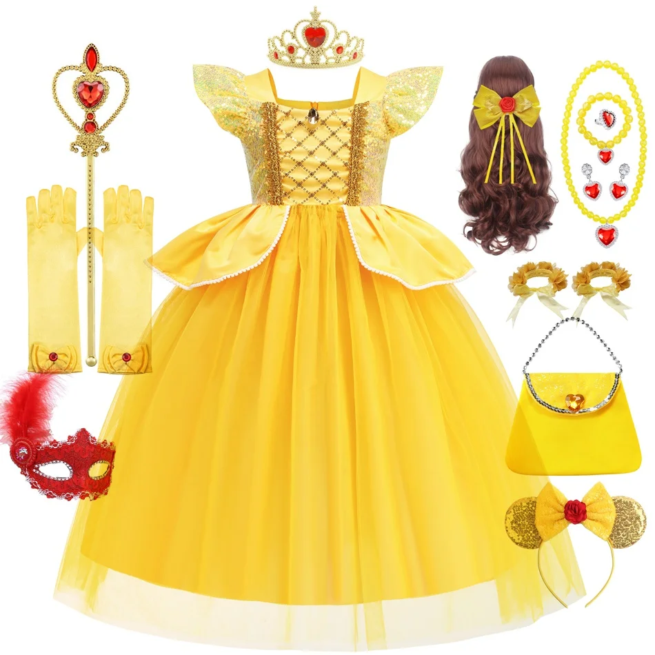 

Yellow Belle Ball Gown Costume Princess Dress Birthday Party Outfit Dress for Girls 2-10T