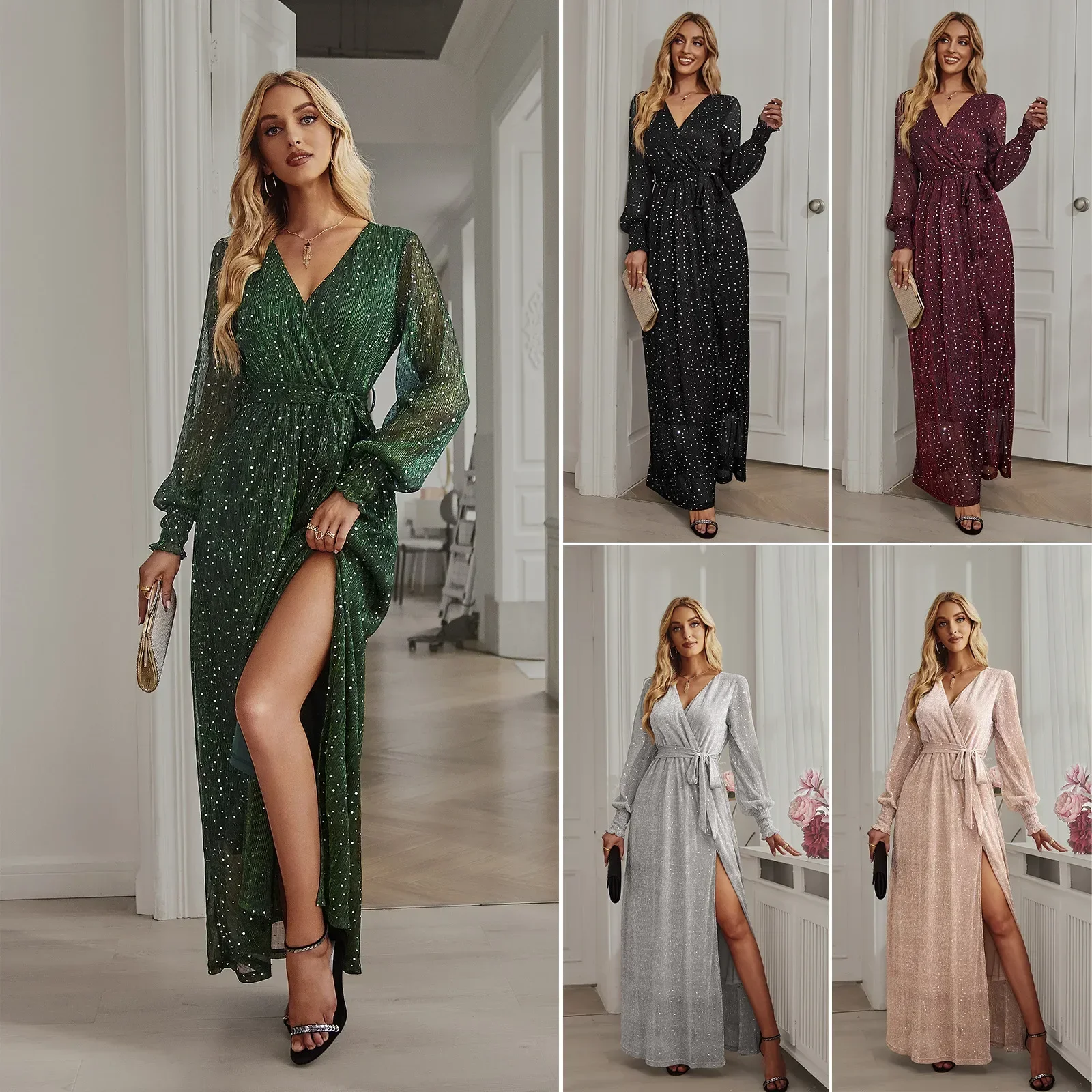 

LIBIELIY Spring Autumn Women's Dress Female Flash Drill Tulle Lady's High Slit Evening Dress Temperament V-neck Lace-up Dresses