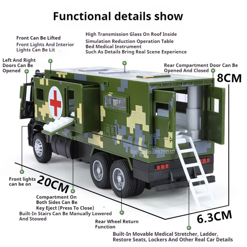 1/32 Military Medical Toy Car Models Alloy Diecast All Car Doors Can Be Opened With Sound Light Truck Vehicles For Boys Gifts