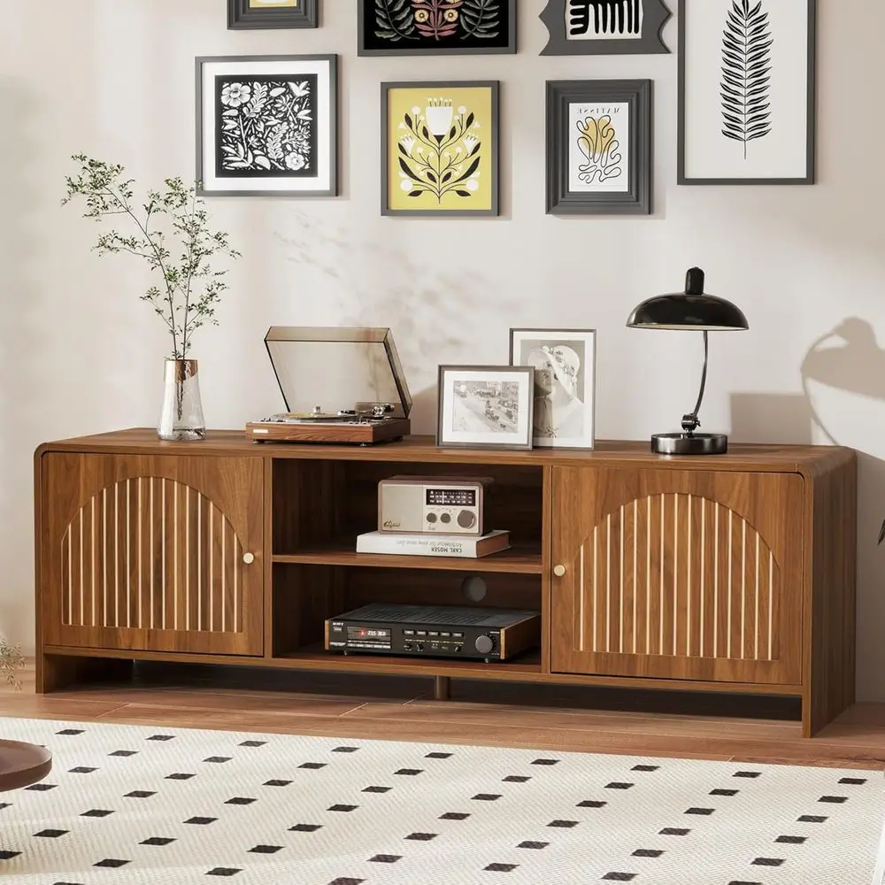 

Walnut TV Stand for 55-65 Inch TVs: Arched Door, Adjustable Shelves, Curved Profile Media Console for Living Room or Bedroom