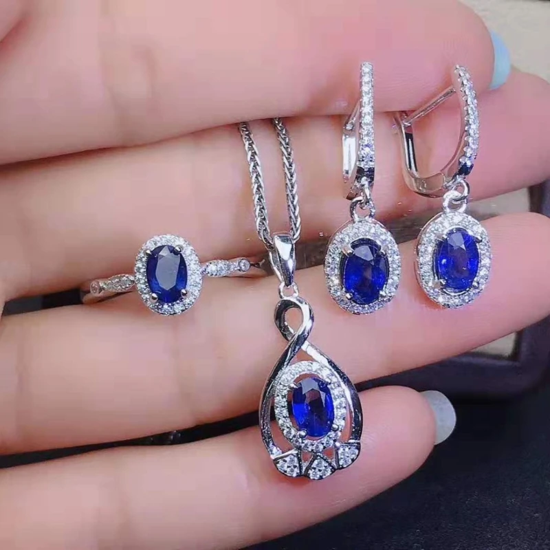 

Natural Sapphire Luxury Earrings Ring Pendant Necklace Set S925 Sterling Silver Premium Women's Fashion Jewelry