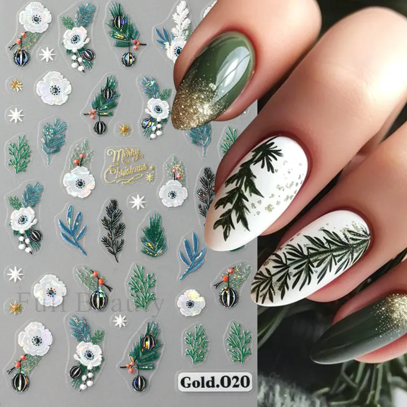 ملصقات أظافر منقوشة بنقشة زهور لعيد الميلاد خماسية ، منزلقات ، زهرة ليزر ، ورقة شجر ، شارات لاصقة ، ديكور مانيكير ، ندفات ثلج زرقاء لامعة ، عيد الميلاد