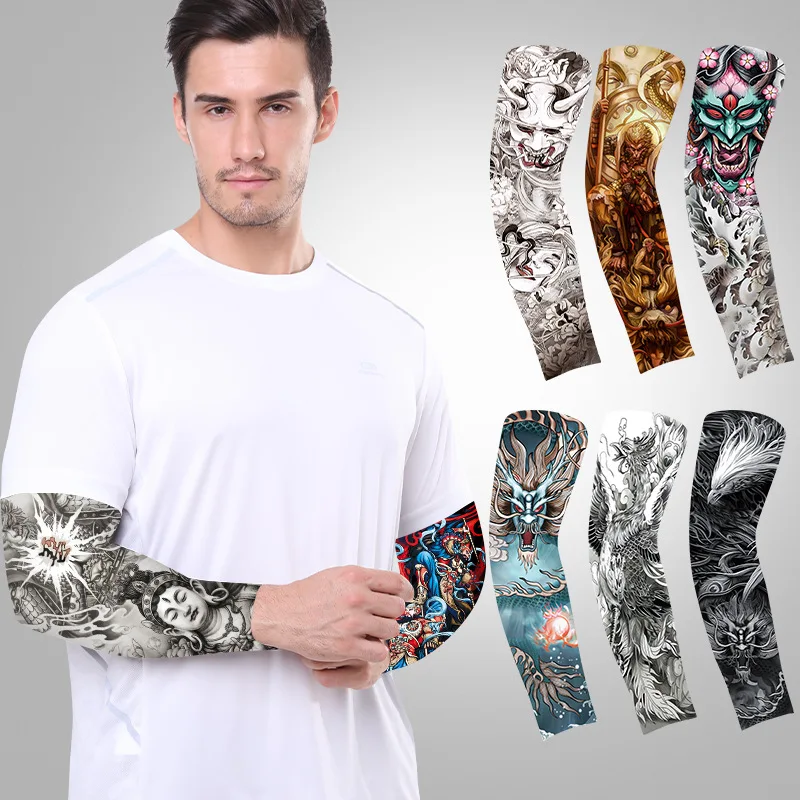 1 Pc Summer Tattoo Sleeve UV Solar Arm Cover Cycling Cuff Quick Drying Cool Breathable Ice Silk Anti-Sunburn Print Tattoo Sleeve