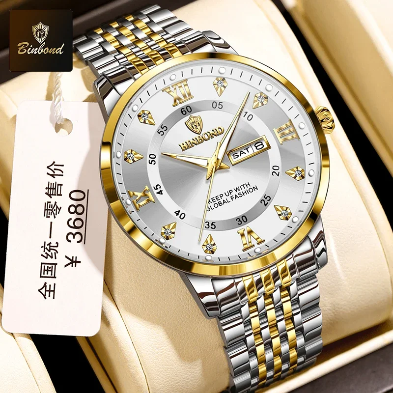

BINBOND Top Luxury Business Men's Watch Waterproof Luminous Date Military Man Watch Stainless Steel Fashion Men's Quartz Watches