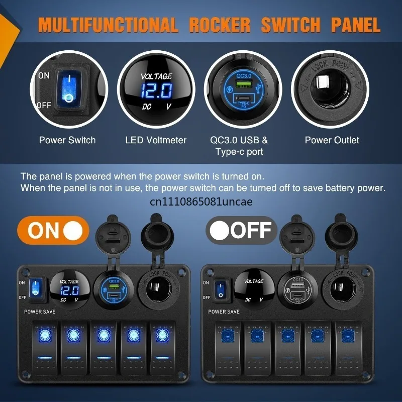 For 5+4 Blue Rocker Switch Socket Panel Car Charger Voltmeter Cigarette‑lighter Outlet Combination Panel