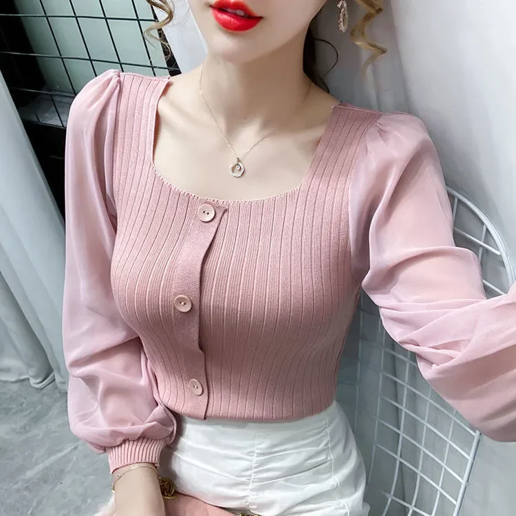 Puff Sleeve Shirt Women\'s Spring and Summer Square Collar Top Shirt Blusas Ropa De Mujer