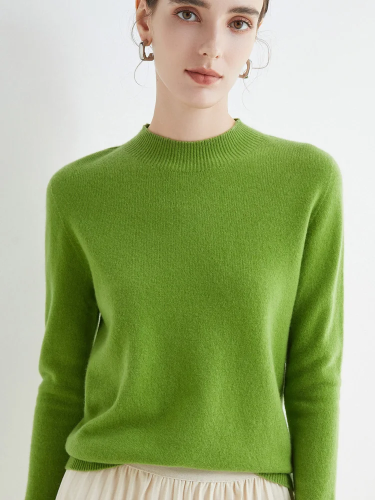 ADDONEE Spring Autumn Basic Wool Sweater For Women Mock Neck Long Sleeve Solid Pullover 100% Merino Wool Knitwear Female Clothes