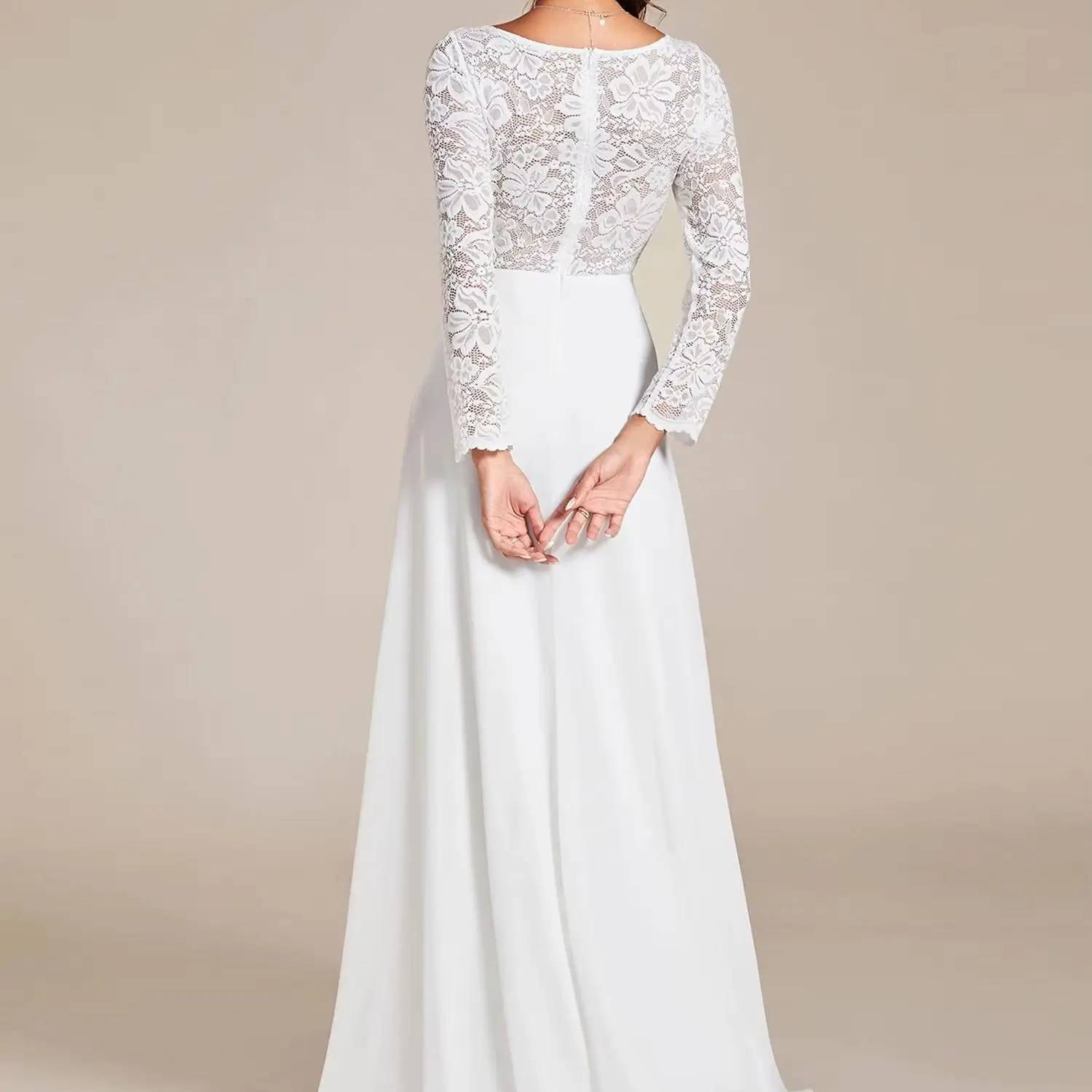 Customized Women’s Fall Long Wedding Dress For Woman Bride Sleeve Lace V Neck Wedding Dress with Train Bridal Gown