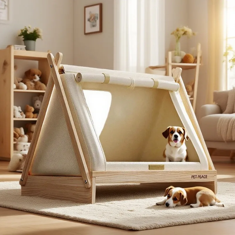 

Wooden Oxford Cloth Dog Bed Elevated Moisture-Proof Tent Enclosed Safety House All-Season Dog Shelter with Frame Support