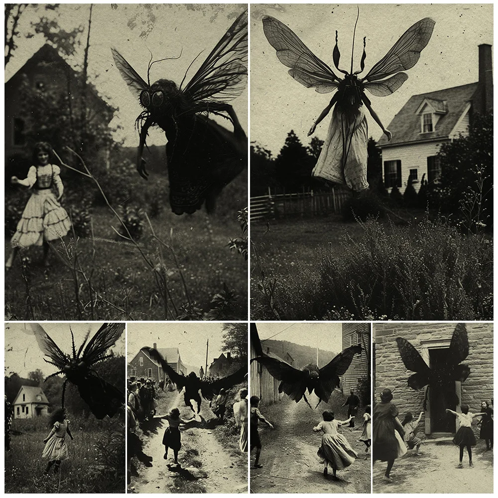 

The Mothman Who Captures Children,Vintage Photography Wall Art,Canvas Print,Creepy Mothman Gothic Art,Poster Print Home Decor