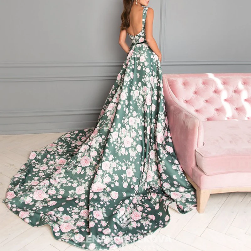 Elegante decote em v boêmio grande balanço vestido feminino moda oco para fora cintura alta bohe vestido longo sexy sem mangas impresso vestido de festa