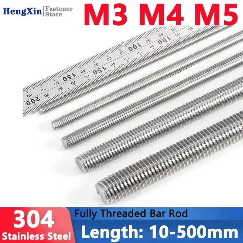 5-100Pcs M3 M4 M5 Stainless Steel Fully Threaded Bar Full Metric Thread Rods Screw Anchor Headless Bolt Fastener Stud L=10-500mm