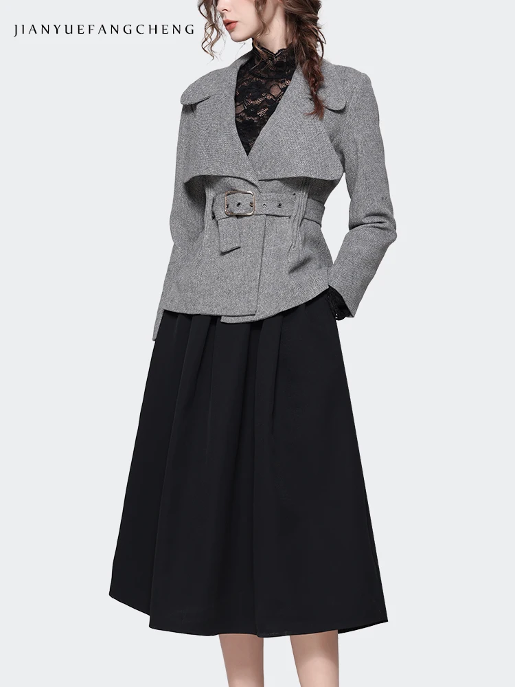 Fashion Big Suit Collar Women\'s Grey Woolen Blazer With Belt Elegant Slim Autumn Winter Female Jacket Coat Casual Working Tops