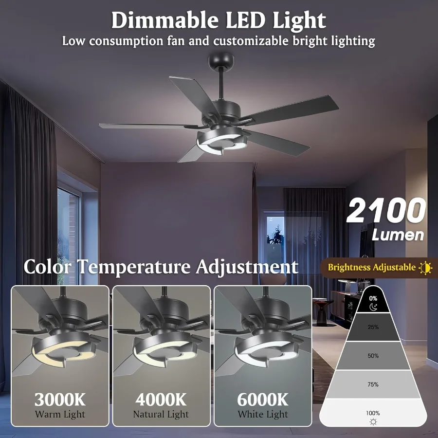 52 Inch Black Ceiling Fans with Lights and Remote Control Featuring Ultra-Quiet DC Motor Reversible 5 Blades Dimmable Lighting