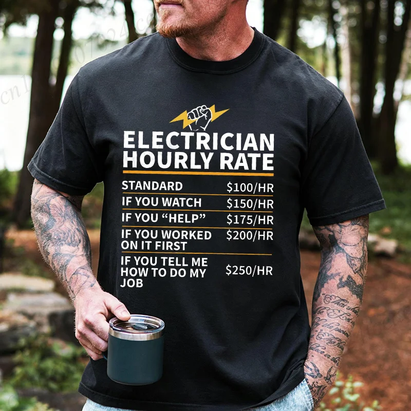 Men Electrician Hourly Rate T Shirt Funny Price List Graphic Tees Lightning Fist Slogan Short Sleeve Casual Work T-shirts Gift