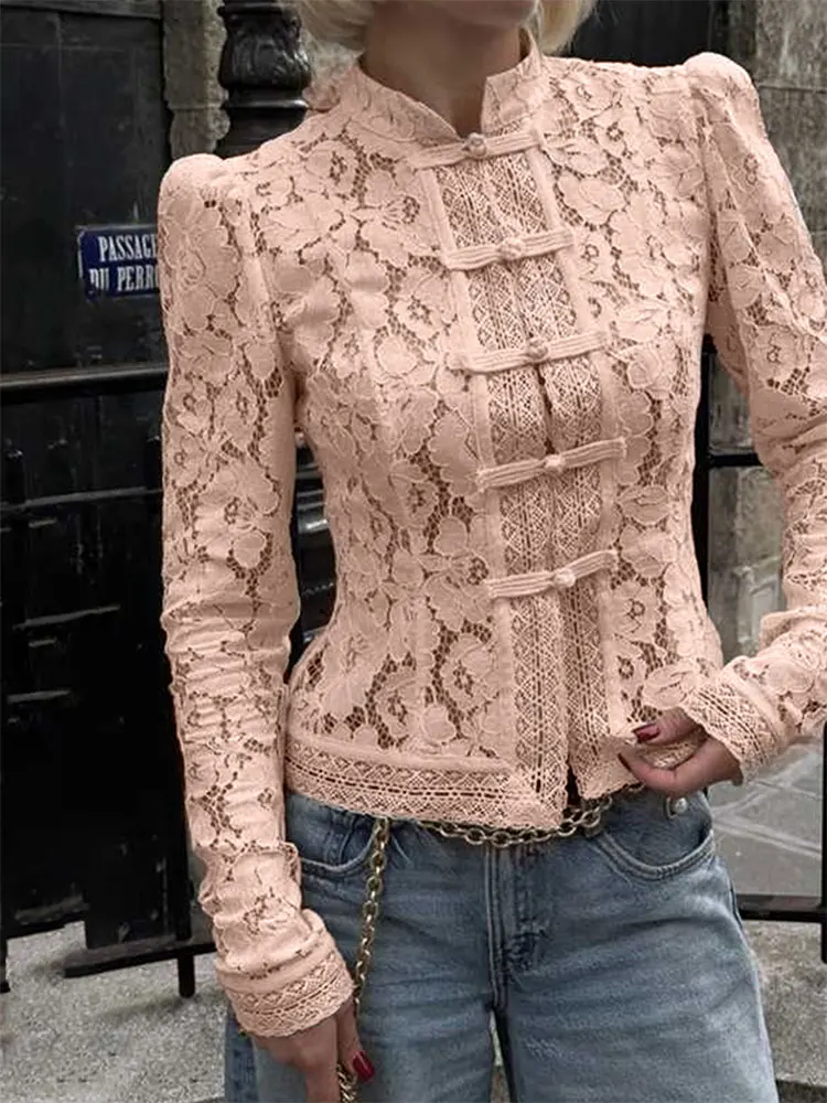 Frauen Spitze Gedruckt Shirts Tops Frühling Neue Volle Hülse Aushöhlen Einreiher Patchwork Bluse Dame Mode Shrug Shirts