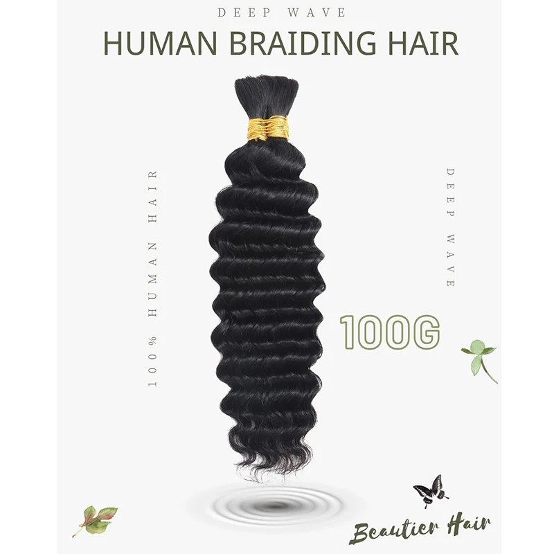 Cabello humano de onda profunda a granel para trenzado sin trama, Micro trenzado húmedo y ondulado, mechones de cabello humano para trenzas Boho,