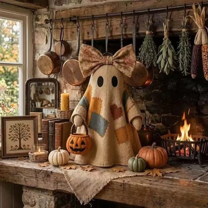 Patchwork Ghost Halloween Decor, Cute Spooky Hanging Doll, Fabric Ornament Prop, Outdoor Yard Pendant for Party Home Display Kit