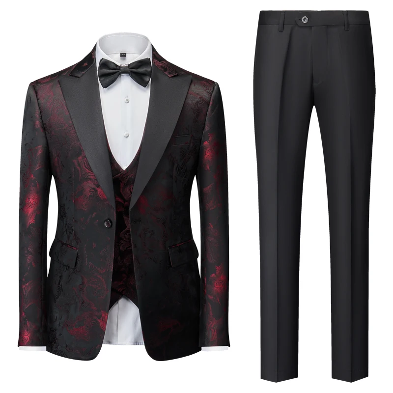 

Qj Cinga Brand Men Palace Banquet Jacquard Dress Men Suit 3 Piece Large Size 5XL Men's Wedding Ball Party Blazers Pants Vest