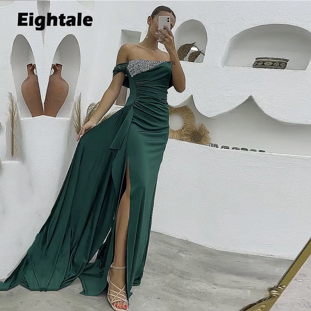 

Eightale Emerald Green Prom Dresses for Wedding Satin Beaded Slit Arabic Evening Gown Mermaid Party Dress robes de soirée