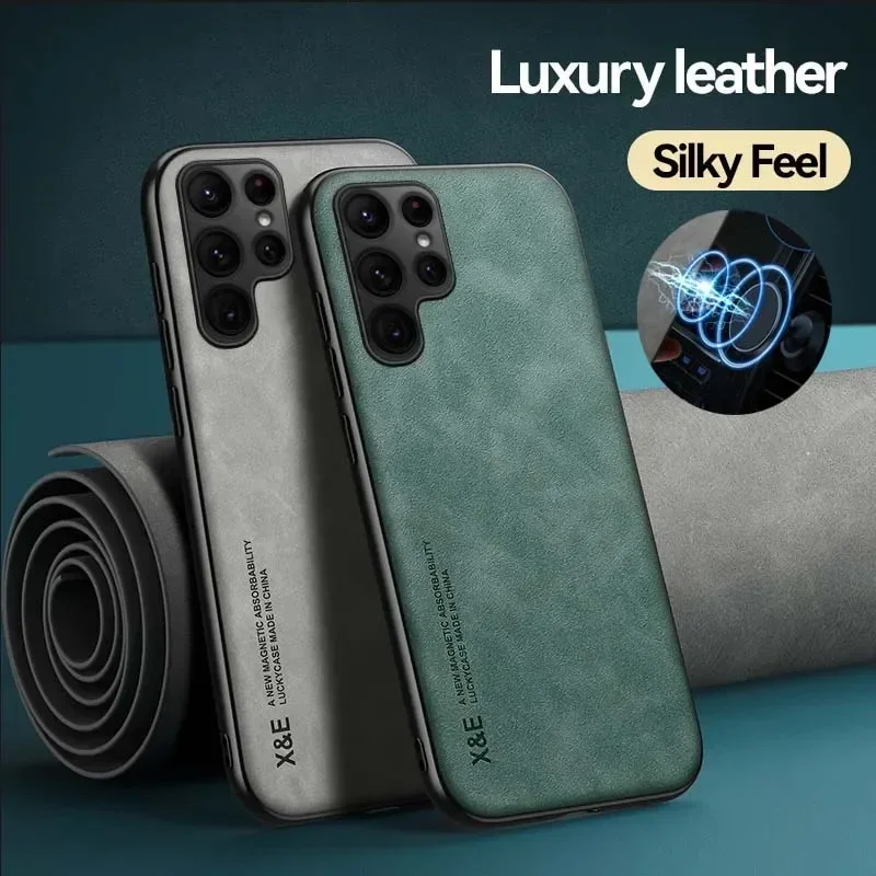 Luxury Leather Case For Samsung S25 S24 S23 S22 Ultra FE A56 A55 A36 A35 A26 A15 A16 5G Cover With Metal Plate Support Car Hold