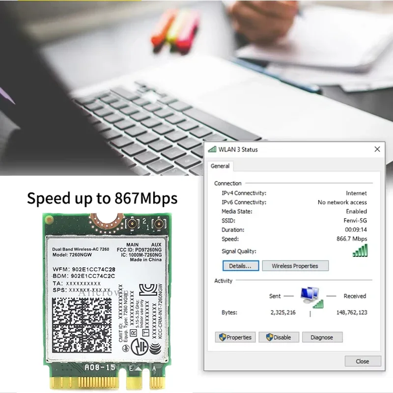 7260NGW M.2 Wifi بطاقة لاسلكية 1200Mbps ثنائي النطاق 2.4G 5G بلوتوث 4.0 802.11AC بطاقة محول مع هوائي لأجهزة الكمبيوتر المحمولة المكتبية