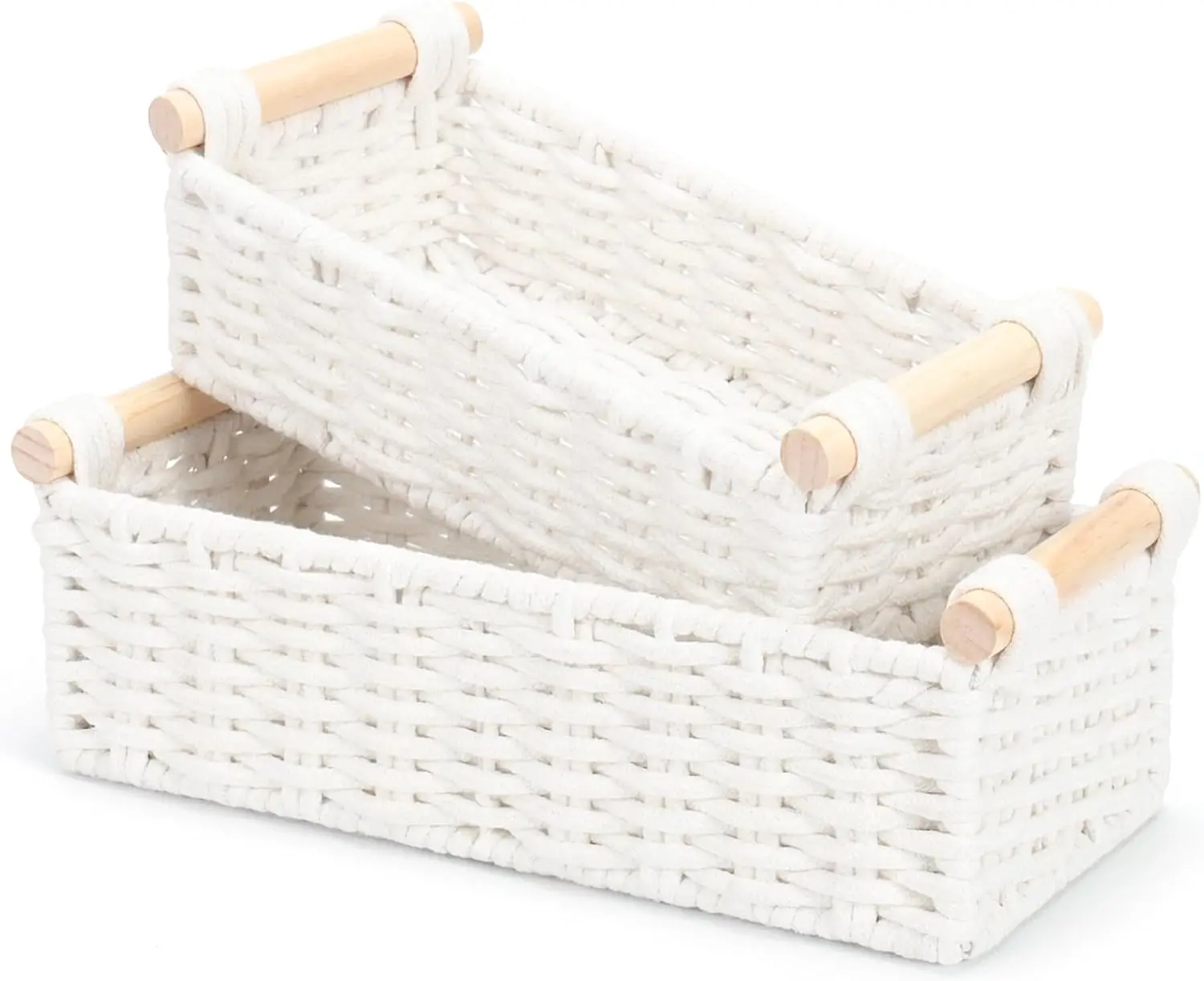 

Boho Cotton Rope Storage Baskets Set of 2, Woven Wicker Organizer Bins with Wooden Handles, Small Decorative Boxes for O
