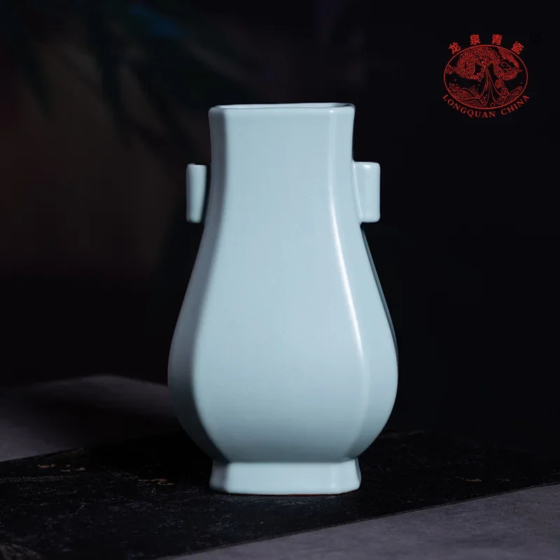 Celadon binaural piercing vase ceramic vase antique Ru porcelain ornament living room flower arrangement light luxury porcelain