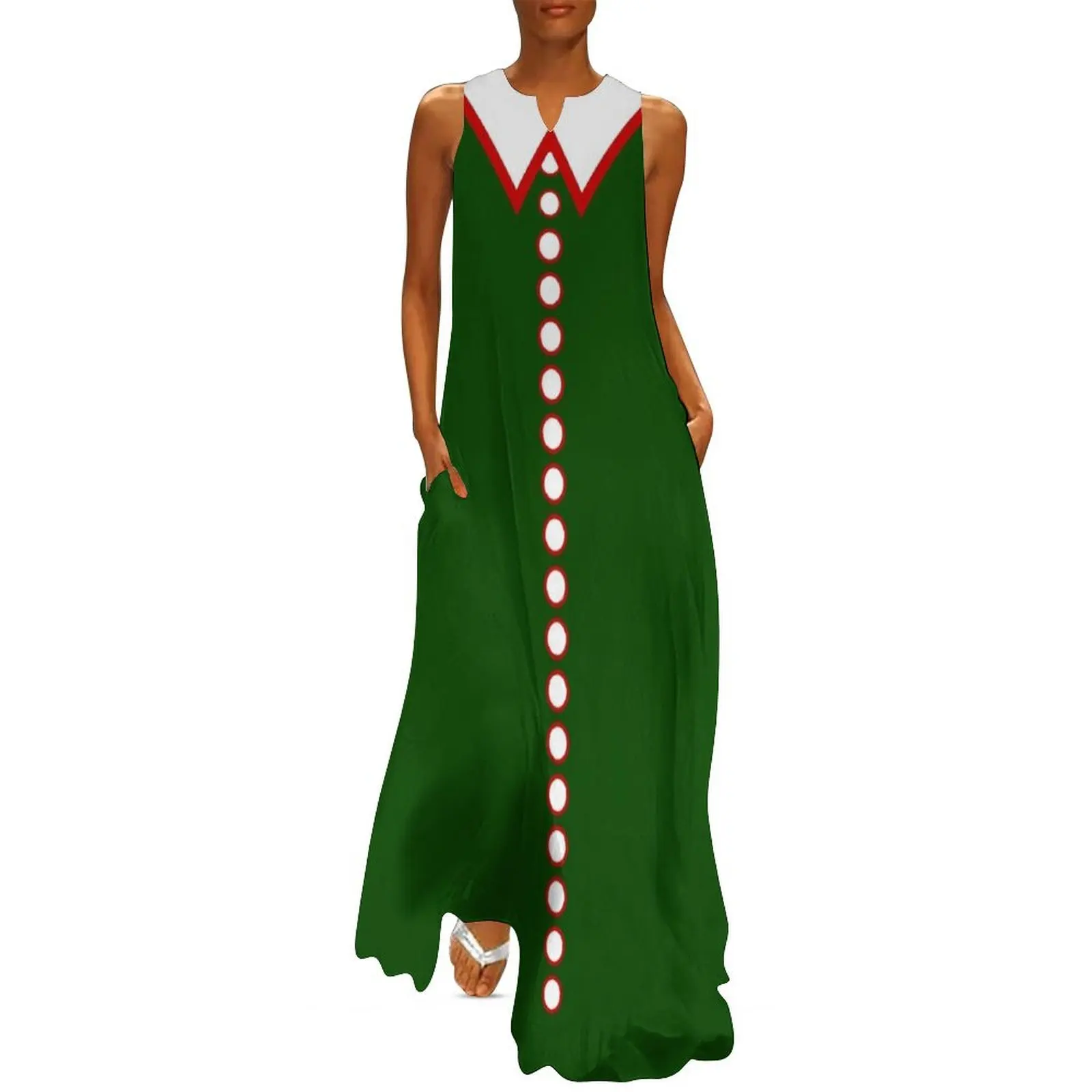 

Christmas Colors Red, Dark Green, and White Faux Collar and Buttons Holiday Long Dress Womens dresses Dress