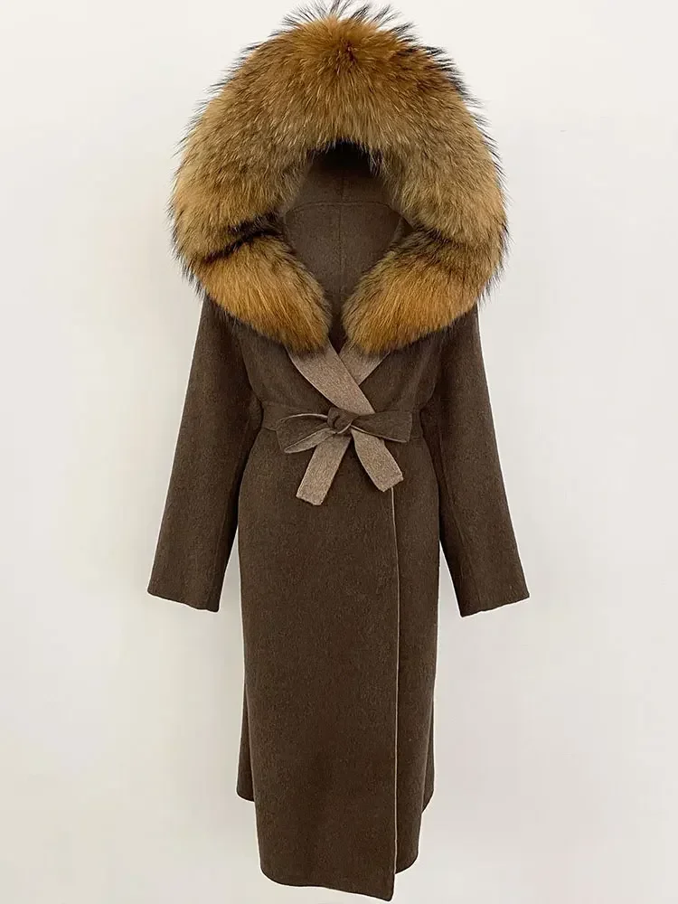 2025 Women New Winter Hooded Detachable Collar Fur Wool Clothes Long Woolen Jacket Real Natural Fox Fur Coat Casual Overwears