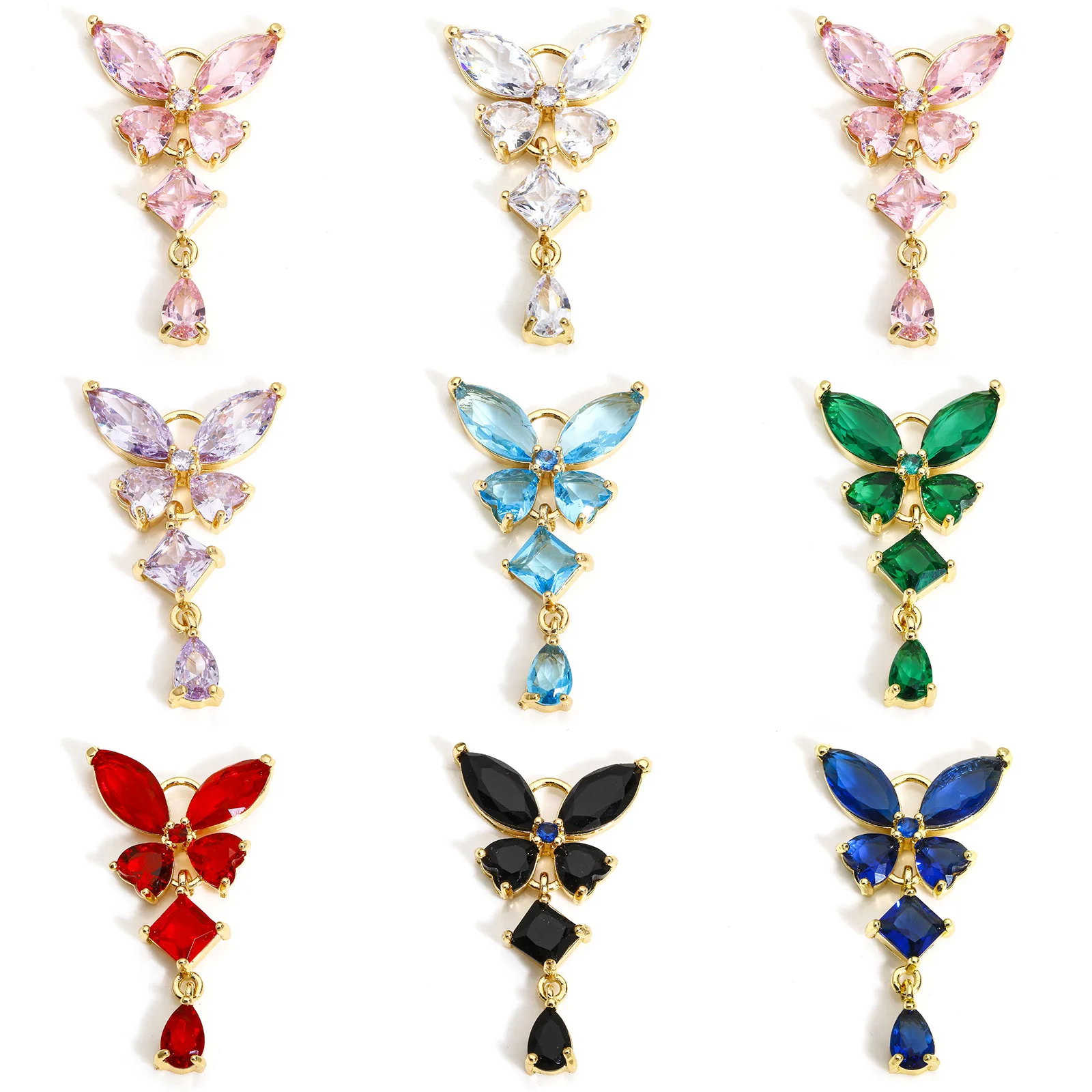 Rhinestone Glass Butterfly Charms Brass Multicolor zirconia Butterfly Tassel Pendants For Jewelry Making Diy Supplies 3.2x1.8cm