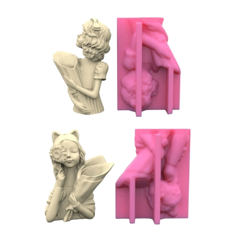 Flowerpot Silicone Mold Geometric Girl Holding Flowers Pen Holder Molds Concrete Drop shipping