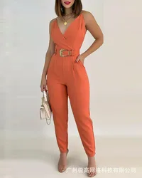 Mono camisola con cuello en V y detalle de bolsillo para mujer, pantalones sin mangas con cinturón, Color sólido, primavera y verano