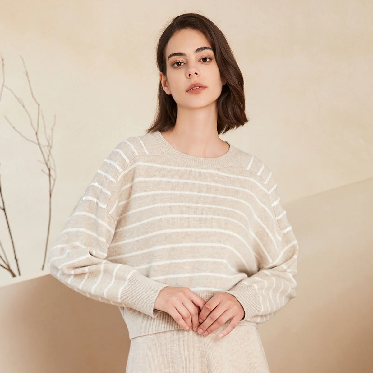 

BC-200 Striped Sequined Batwing Sleeved Loose 2/26NM 7GG 100% Merino Wool Clothes Knit woolen Tops For Women's Sweaters