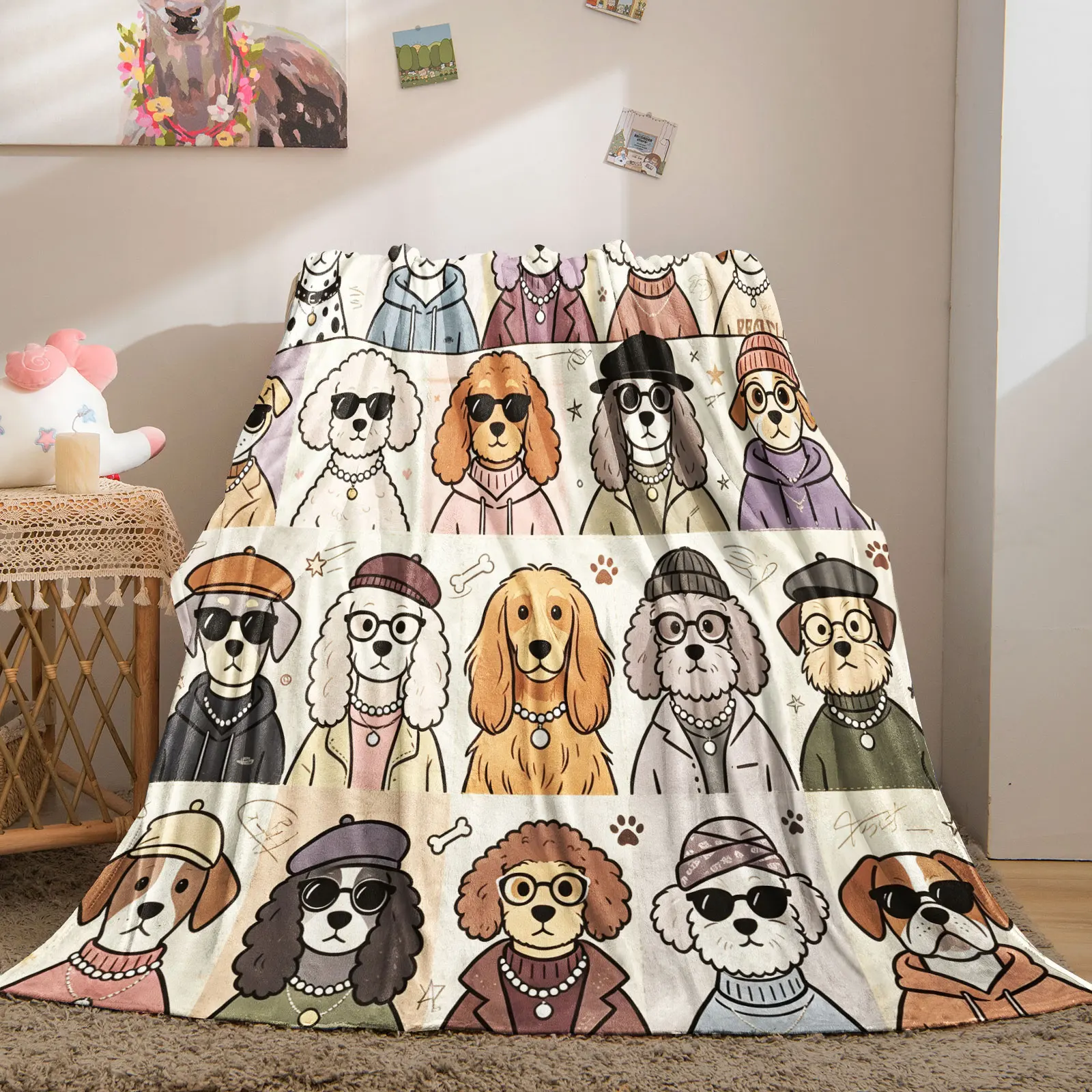 Cartoon Puppy Patchwork Throw Blanket Fashion Dogs Print Soft Flannel Microfiber Cozy Blanket for Bedroom Sofa Travel Camping