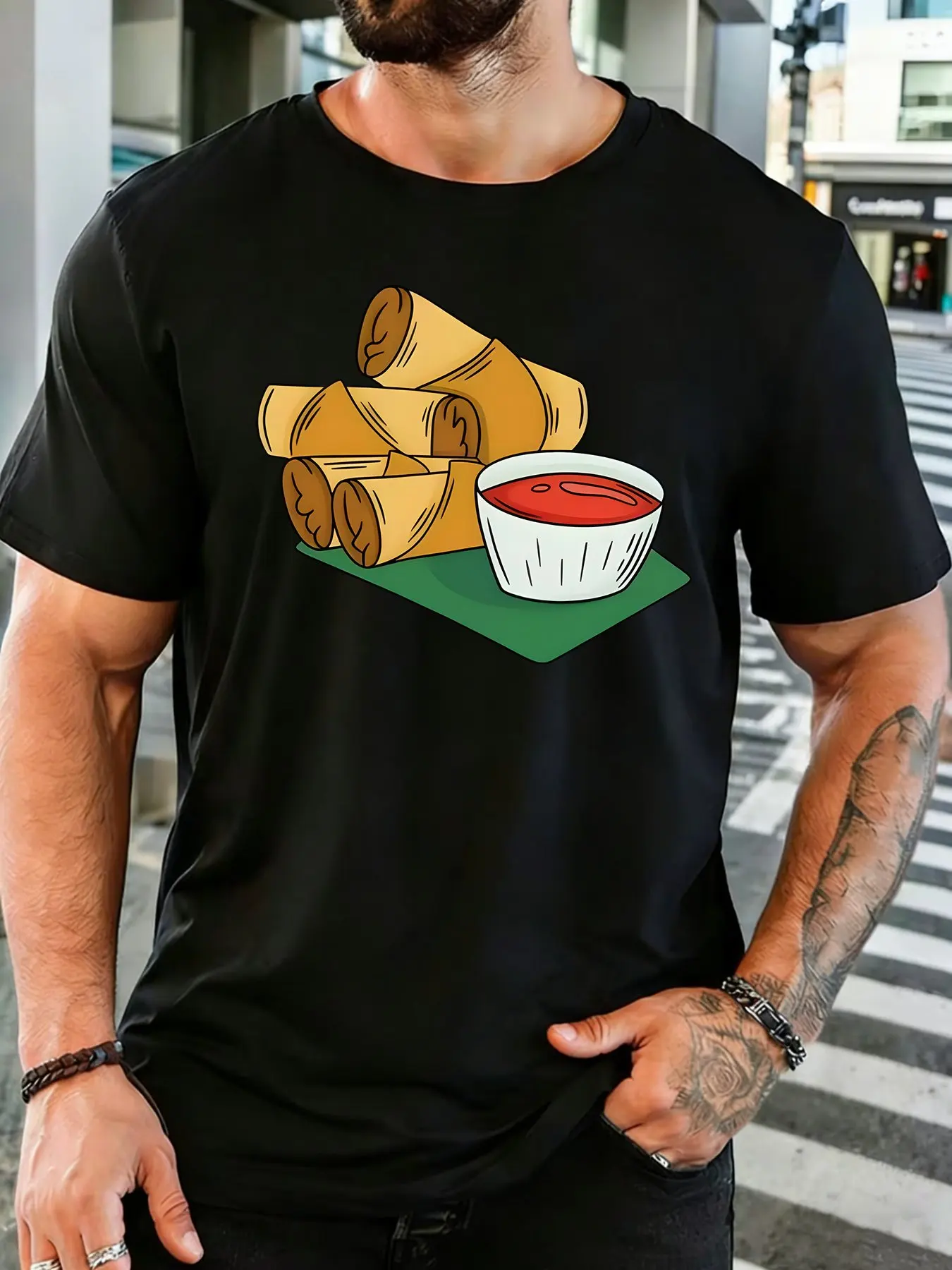 Men Cotton Tee Cartoon Spring Rolls Chili Dipping Sauce Graphic Short Sleeve Tshirt For Asian Food Fans Daily Casual Street Top