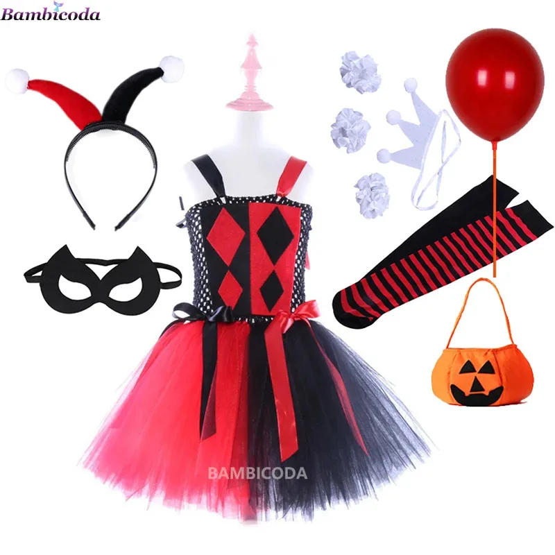 

Girls Clown Joker Costume Kids Cruella De Vil Halloween Villain Fantasy Cosplay Dot Fancy Dress Birthday Children Tutu Dress