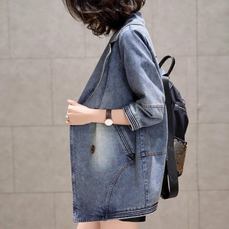 2022 spring  autumn new denim jacket women's mid-length fashion Korean  thin and loose casual windbreaker denim jacket