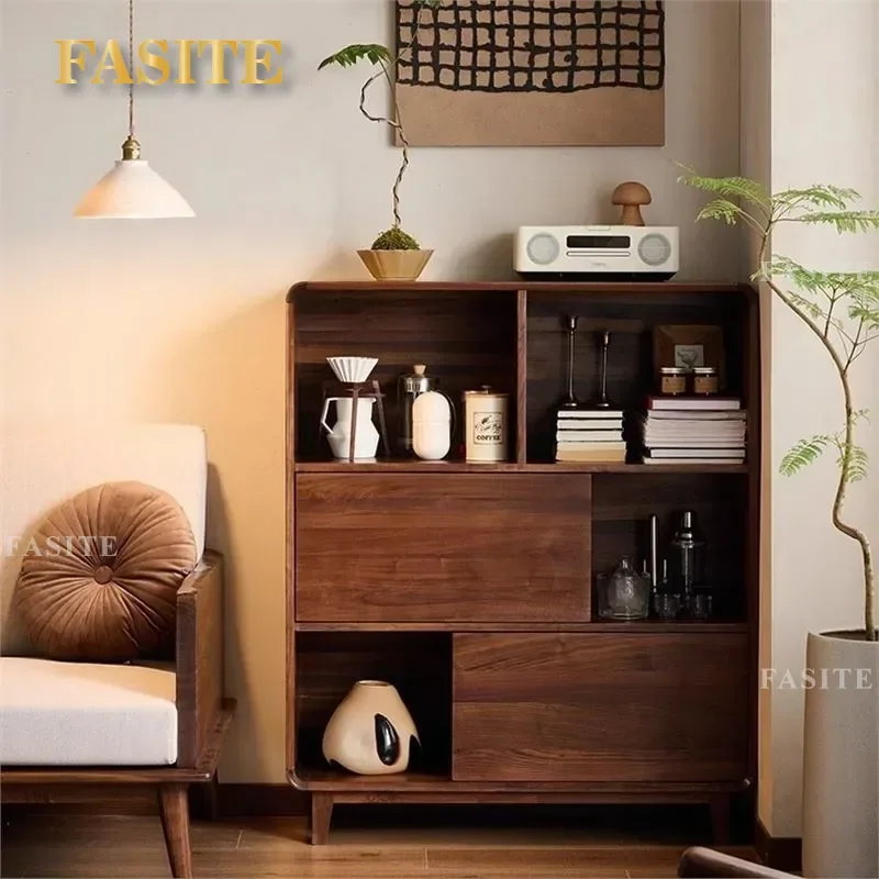 for North American Black Walnut Bookcase Living Room Study Floor to Ceiling Storage Low Cabinet Retro Solid Wood Wall Display