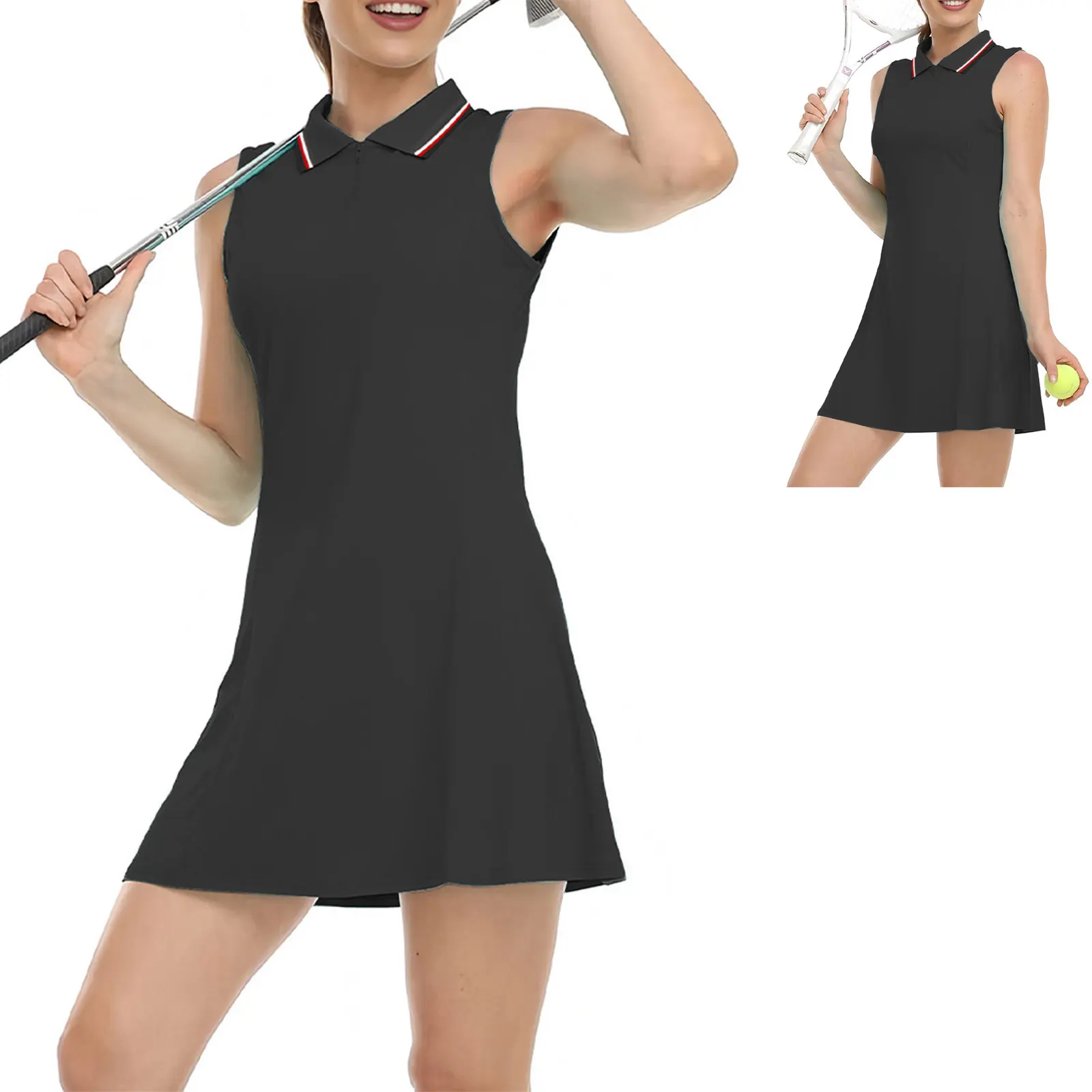 

# Женский спортивный костюм для гольфа и тенниса из 2 предметов: платье без рукавов с отложным воротником и шорты с эластичным поясом и карманами.