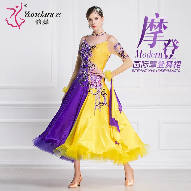 

B-18115 Custom Yellow Mosaic Purple Pearl Silk Ballroom Performance Dress Hot Sale Applique Ballroom Competition Dress