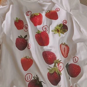 Çilek reçeli damgalı tişört, taze ve feminen, yumuşak %100 pamuk, yumuşak, rahat, üstler, bol giysiler, kadın modası, şehirli, yaz Gömlek çilek 6 büyük satış - №1