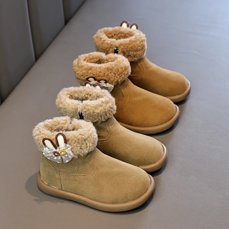 

2025 Winter Girls Fashion Plush Boots Soft Bottom Princess Cute Children Ankle Boots Sweet Lace Kids Causal Cotton Boots Zipper