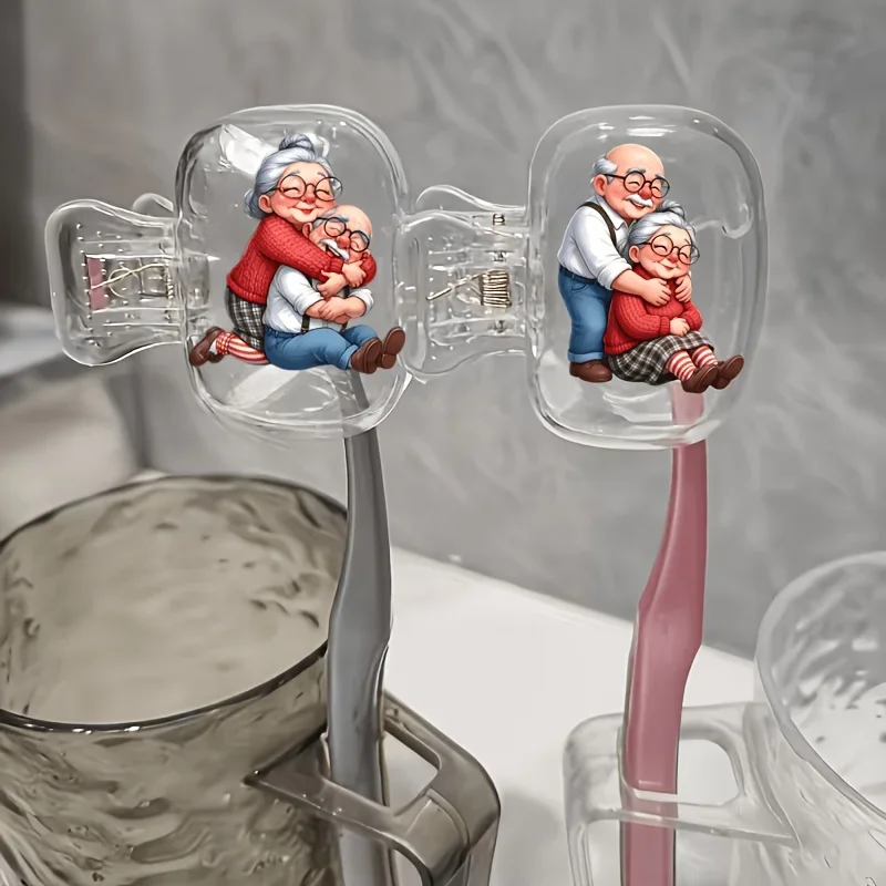 2pcs Loving Grandpa Grandma Storage Clips Travel Essential Toothbrush Protection Cap Storage Box Portable Toothbrush Head Cover