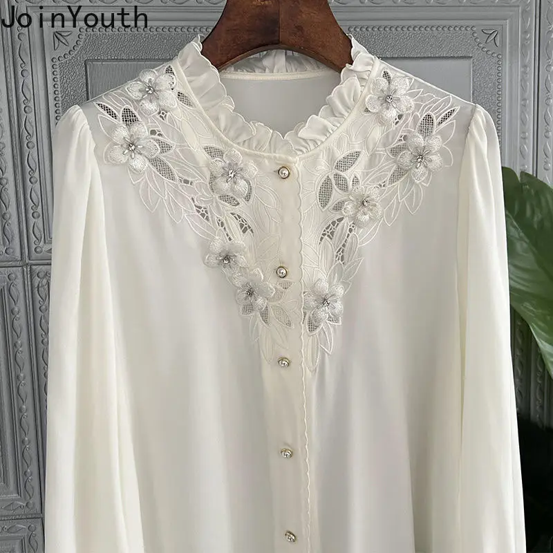 Elegant Women Tops Stand Neck Long Sleeve Ruffles Blouses Fashion White Shirts Hollow Out Vintage Shirts Femme Blusas Clothes