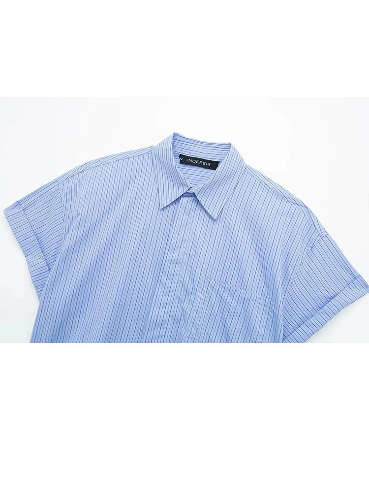 HH ملابس الصيف النسائية شيك الأزرق شريط التلبيب واحدة الصدر زر حتى المرأة قصيرة الأكمام قميص التنقل مكتب أعلى #6