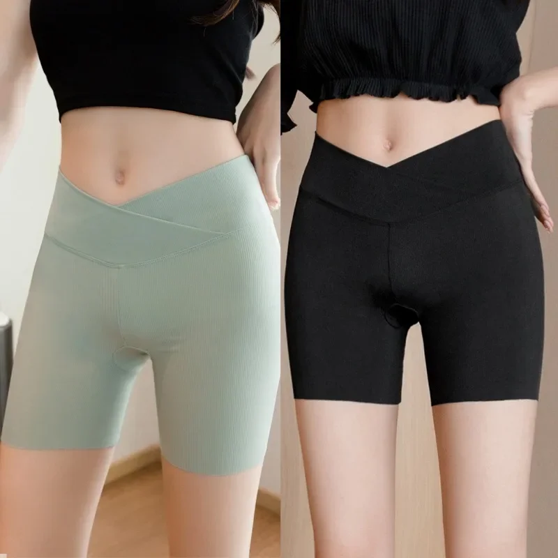 Women Thread Sport Shorts Cross Waist Ice Silk Shorts Summer Avoid Light Leakage Leggings Big Size Stretchy Yoga Fitness Shorts