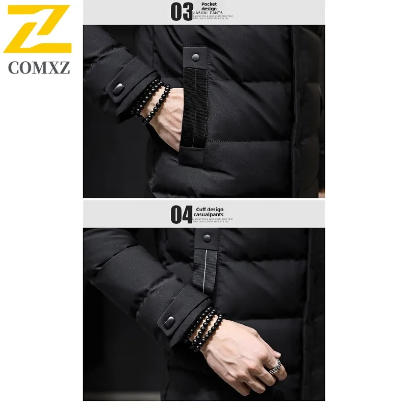 COMXZ Giacca imbottita da uomo di marca di lusso con cappuccio caldo spesso sciolto da viaggio Cappotto Parker da neve Sci Cappotto imbottito di media lunghezza di alta qualità