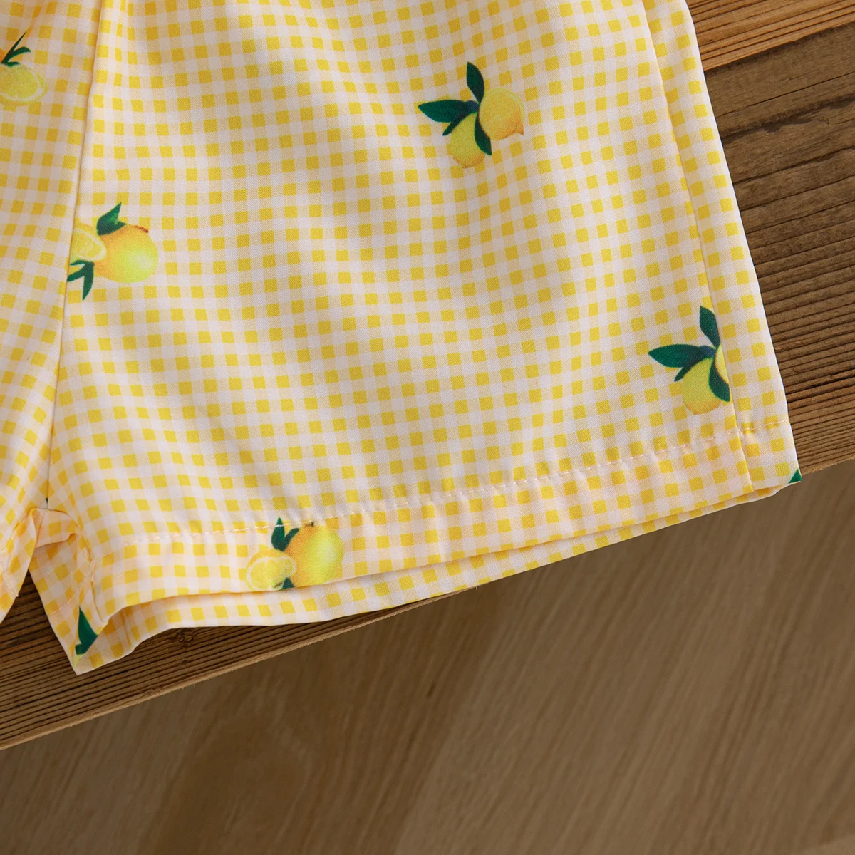 Gelb kariertes Zitronen-Set für Kleinkinder, 2-teilig, Hosenträger-Top und Shorts mit elastischem Bund, süßes Sommer-Set für Mädchen, Strand und Reisen – Detail 10
